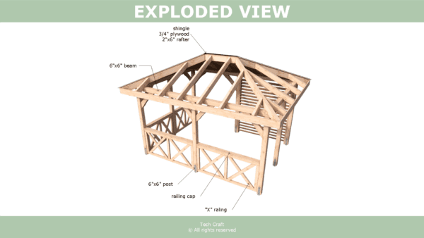 10x14 Gazebo plans, hip roof, exploded