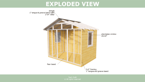 10x6 Shed plans, gable roof, exploded