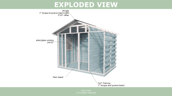 10x6 Woodshed plans, gable roof, exploded