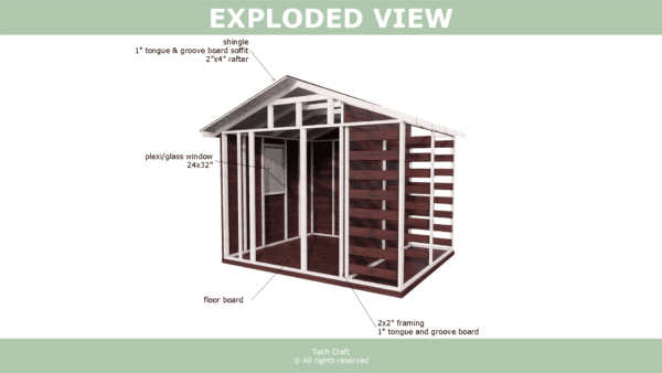 10x8 Woodshed plans, gable roof, exploded