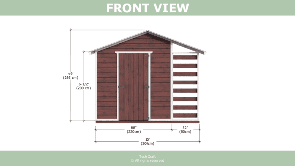 10x8 Woodshed plans, gable roof, front view