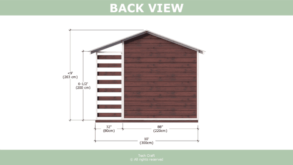 10x8 Woodshed plans, gable roof, back view