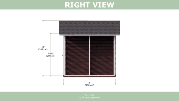 10x8 Woodshed plans, gable roof, right view