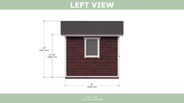 10x8 Woodshed plans, gable roof, left view