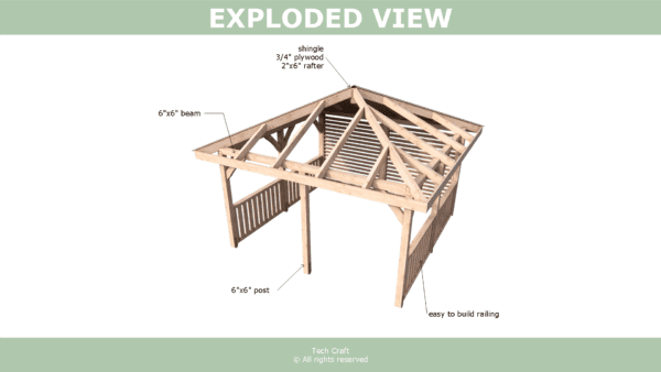 12x12 Gazebo plans, hip roof, exploded