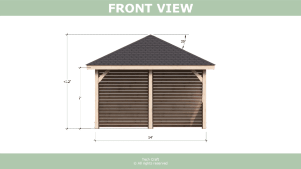 14x14 Gazebo plans, hip roof, front view