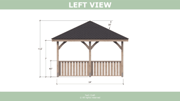 14x14 Gazebo plans, hip roof, left view