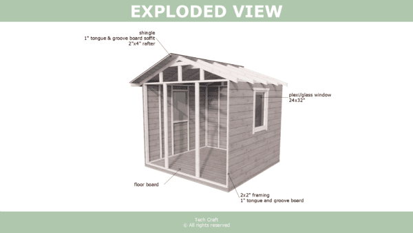 8x8 Shed plans, gable roof, exploded