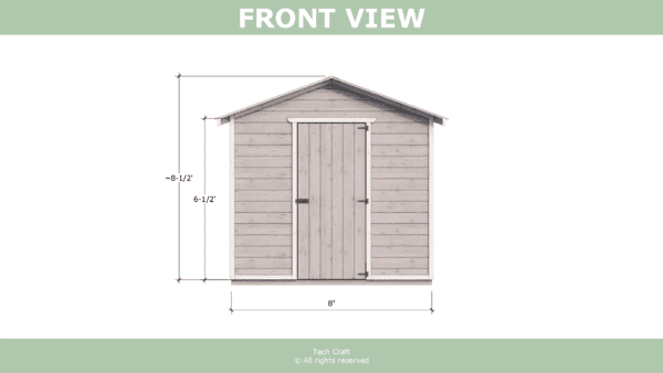 8x8 Shed plans, gable roof, front view