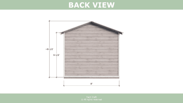 8x8 Shed plans, gable roof, back view