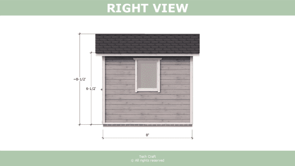 8x8 Shed plans, gable roof, right view