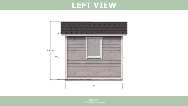 8x8 Shed plans, gable roof, left view