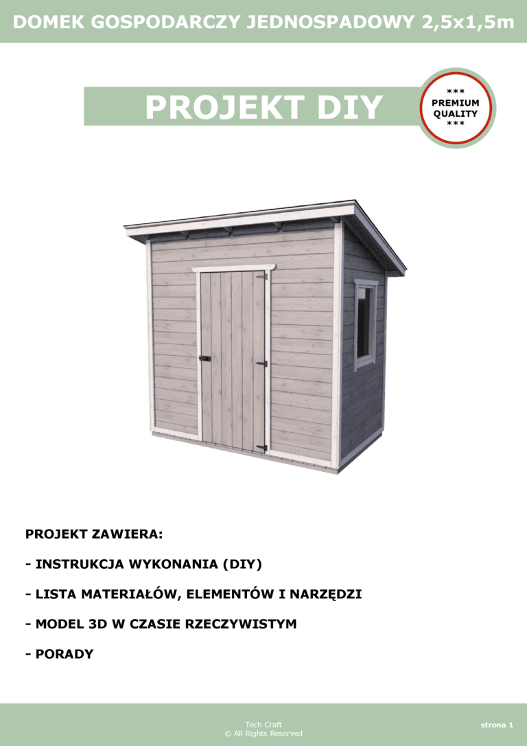 Domek gospodarczy drewniany na narzędzia, jednospadowy 2,5x1,5m