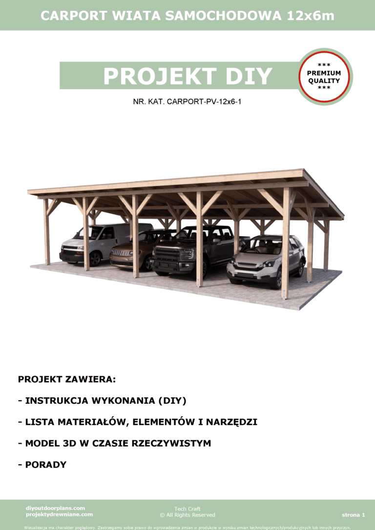 Carport Wiata garażowa drewniana pod fotowoltaikę 12x6m Projekt DIY