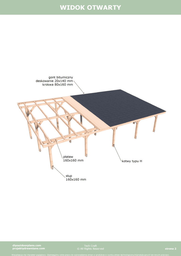 Carport Wiata garażowa drewniana pod fotowoltaikę 12x6m widok otwarty